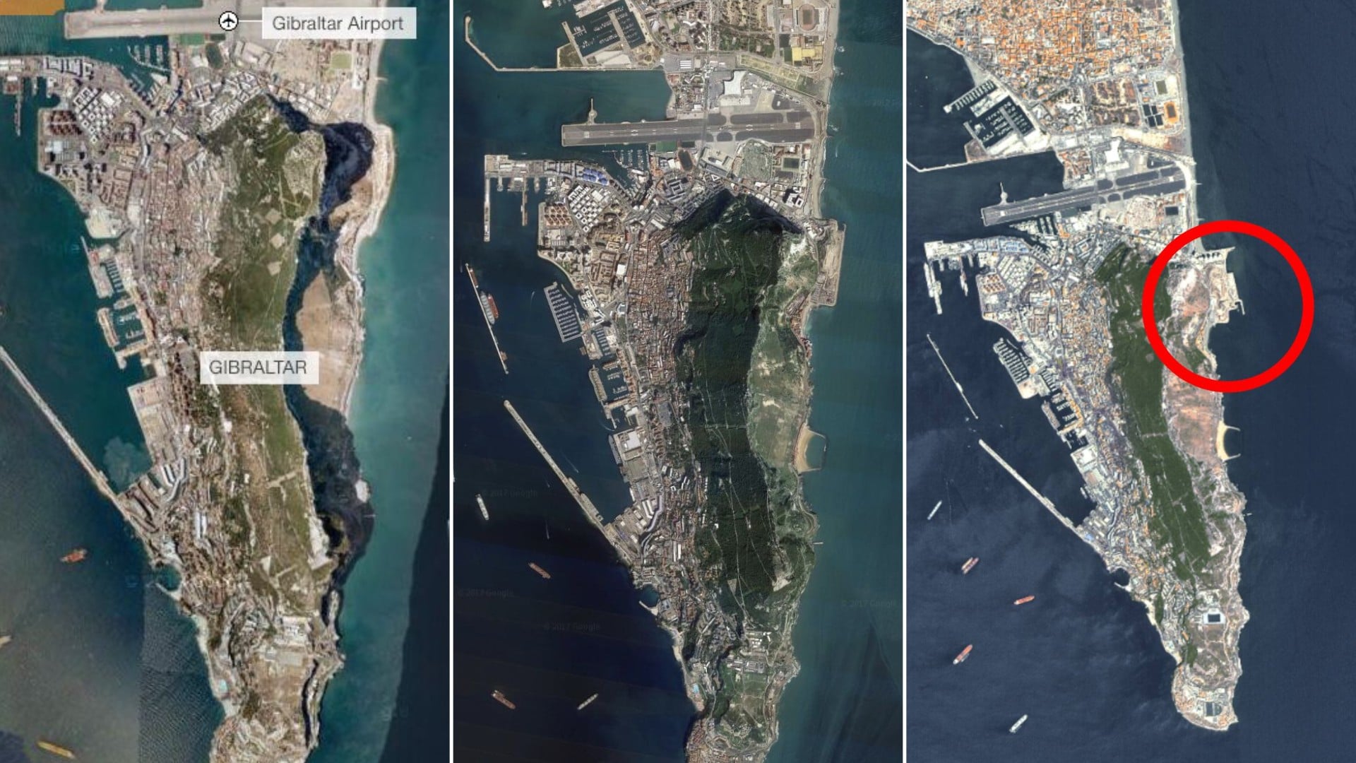 Tres vistas desde el espacio de Gibraltar. En las tres imágenes se puede ver cómo el megaproyecto ha ido creciendo. A la izquierda, la vista del satélite de la ESA difundida la pasada semana con el círculo donde se desarrolla la actuación en el litoral.