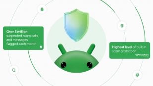 Robot de Android bajo un escudo con los datos de Google sobre las nuevas defensas contra las estafas en Android