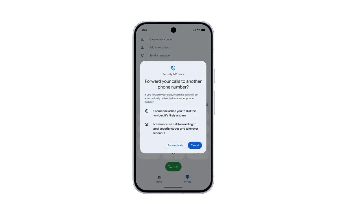 Aviso de Android que pregunta si se quieren desviar las llamadas a otro n&uacute;mero y advierte de que puede ser una estafa
