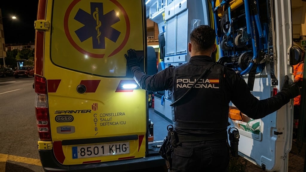 Un agente de la Policía Nacional junto a una ambulancia del SAMU O61.
