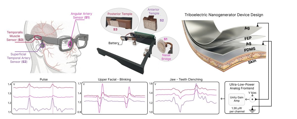 Esquema de las gafas inteligentes GlassTENG con sus tres sensores triboel&eacute;ctricos y las se&ntilde;ales de pulso, parpadeo y mand&iacute;bula