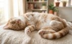 El gato duerme boca arriba