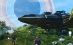 Captura de No Man's Sky en el iPad con una nave aterrizada bajo un planeta con anillos y los controles táctiles en pantalla