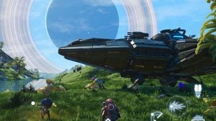 Captura de No Man's Sky en el iPad con una nave aterrizada bajo un planeta con anillos y los controles táctiles en pantalla