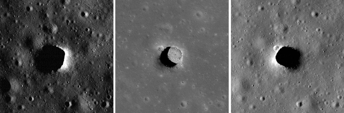 Tres imágenes del pozo de Marius Hills en la Luna tomadas por la sonda LRO con distinta iluminación