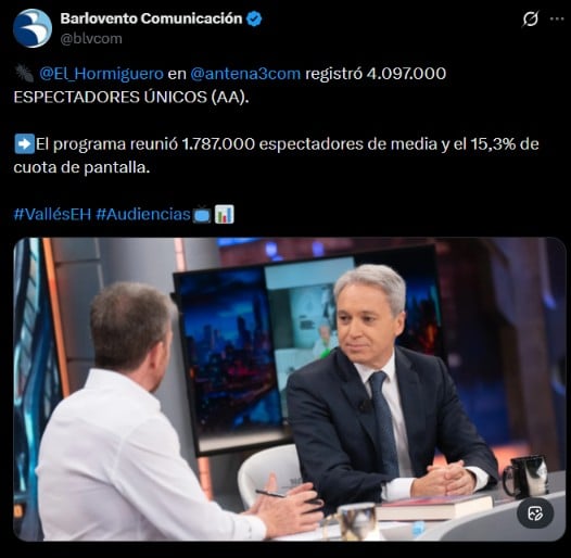 Audiencia de ayer de 'El Hormiguero' (X/Barlovento comunicación).