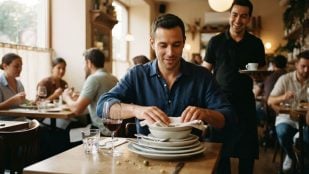 Personas que recogen la mesa