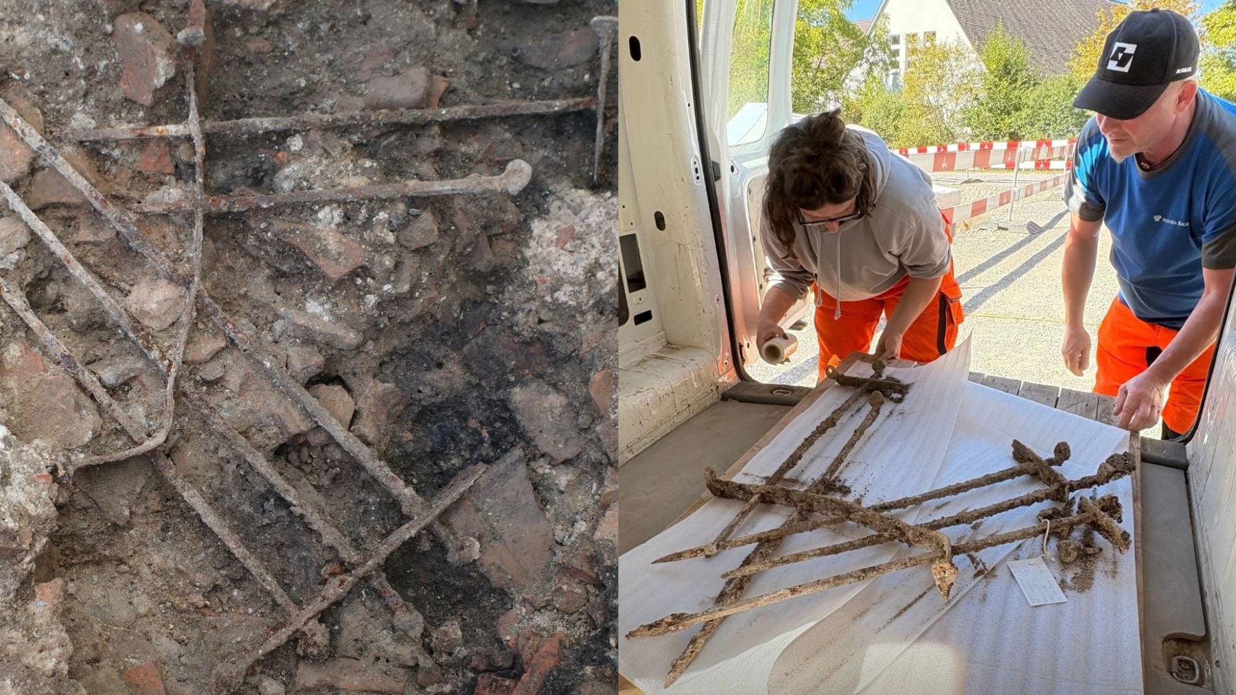 La reja de ventana romana hallada en Augusta Raurica (Suiza), en el lugar donde apareció (izquierda) y durante su traslado al depósito de colecciones (derecha). Fotos: Augusta Raurica