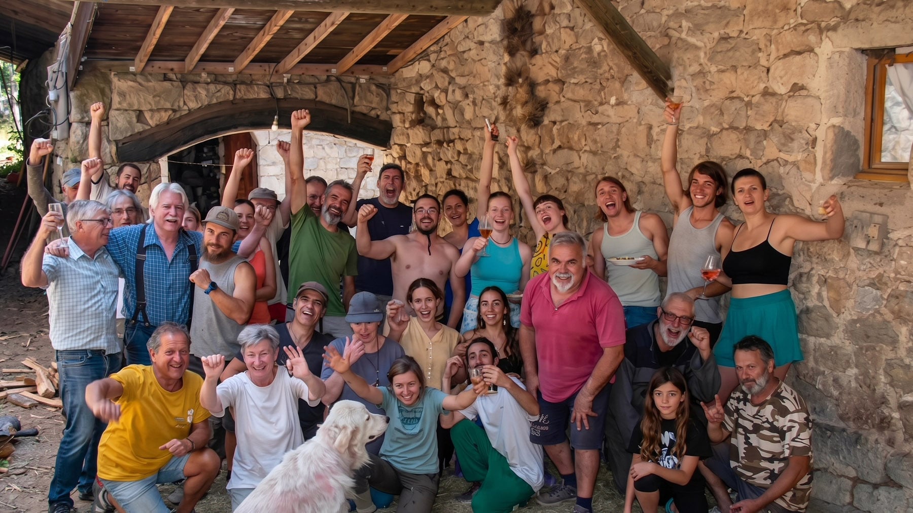Voluntarios junto a los anfitriones de la granja francesa. Foto: Worldpackers.