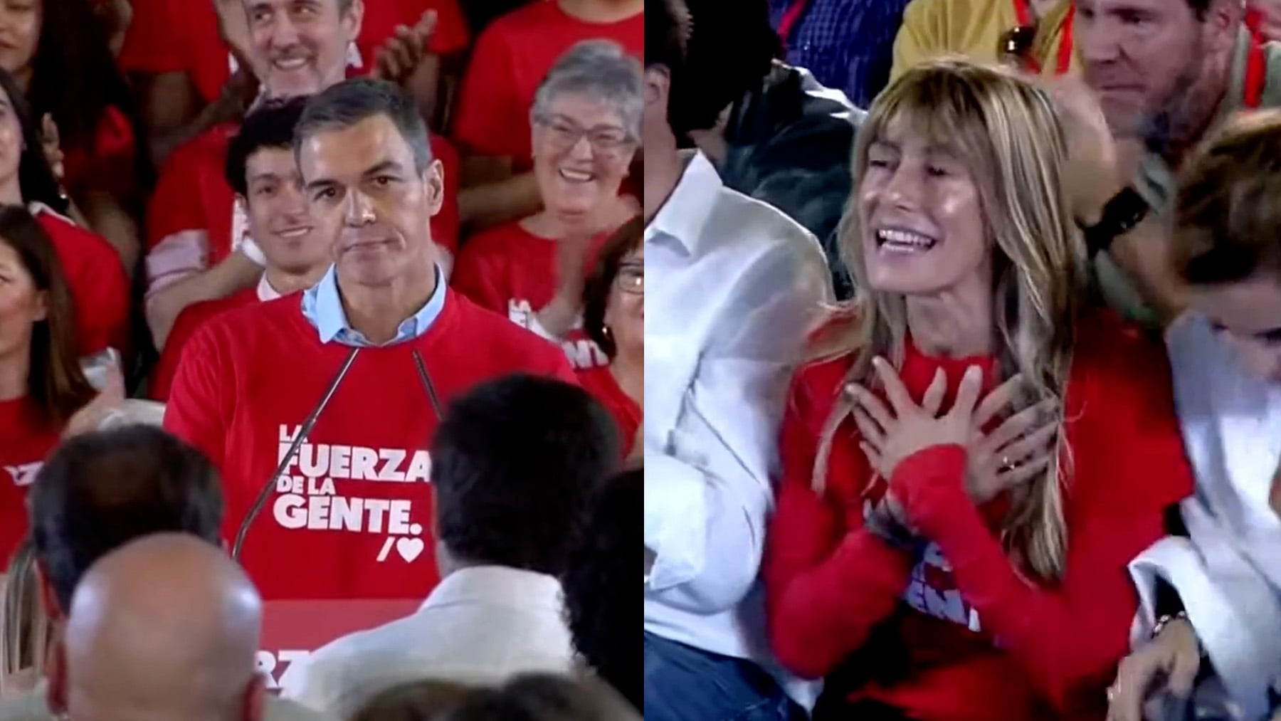 Sánchez se declara a la procesada Begoña Gómez ante la militancia del PSOE: «Te quiero, estamos más unidos que nunca»