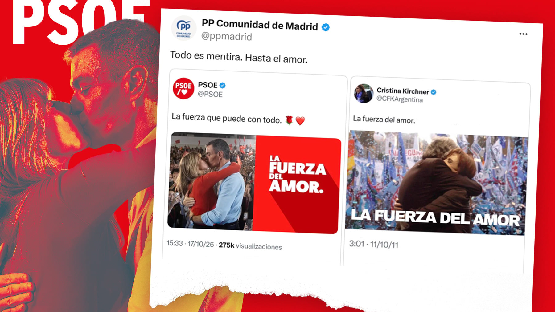 El PP trolea a Sánchez y compara su beso electoral a Begoña con el de los Kirchner
