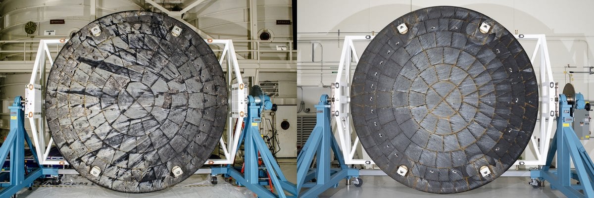 Comparativa del escudo térmico de Orion de Artemis I y de Artemis II tras su retirada de la cápsula
