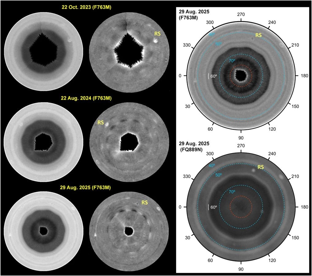 Evoluci&oacute;n del dec&aacute;gono de Saturno en mapas polares del Hubble de 2023, 2024 y 2025