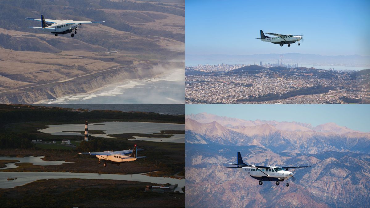 Cuatro fotos del avión autónomo J208 de Joby en distintas etapas de su vuelo de costa a costa por Estados Unidos