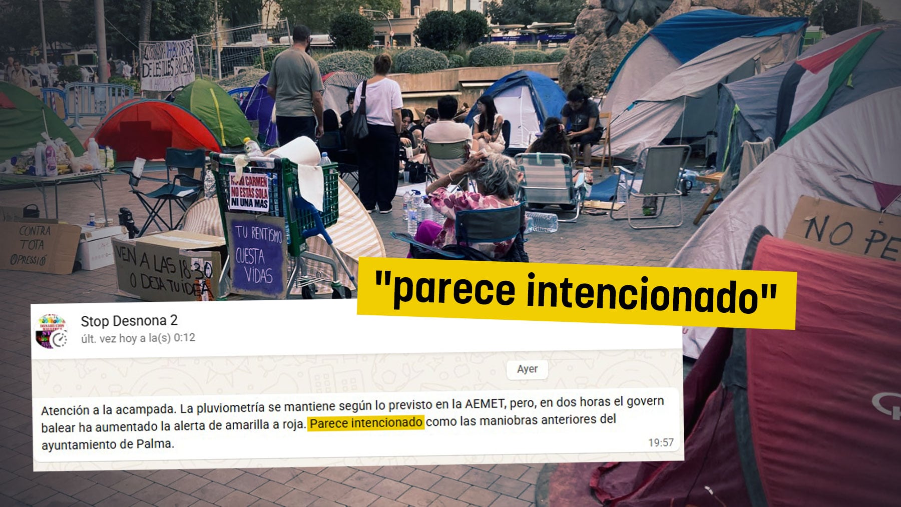 La conspiranoia de los acampados por la vivienda de Palma: sugieren que el Govern activó la alerta roja por lluvias para echarles de la Plaza de España