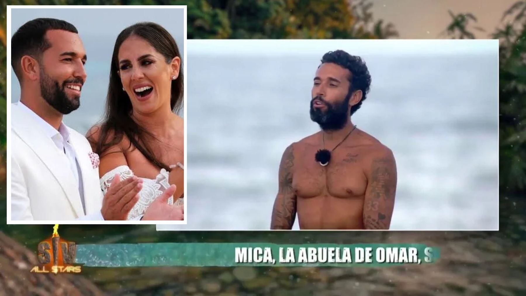 Omar Sánchez en ‘Supervivientes All Stars’ junto a una imagen de su boda con Anabel Pantoja. (Mediaset)