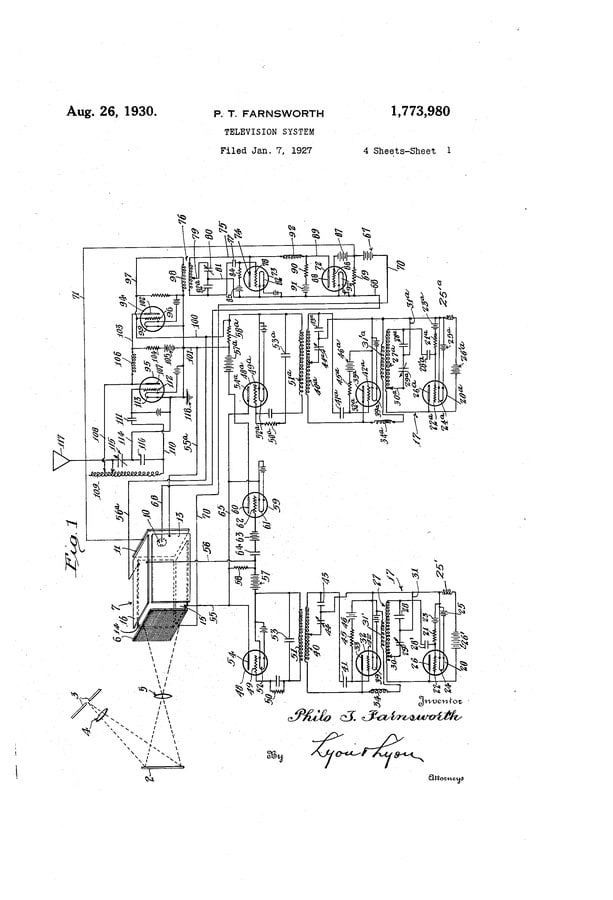Primera hoja de dibujos de la patente 1.773.980 del inventor de la televisi&oacute;n Philo Farnsworth