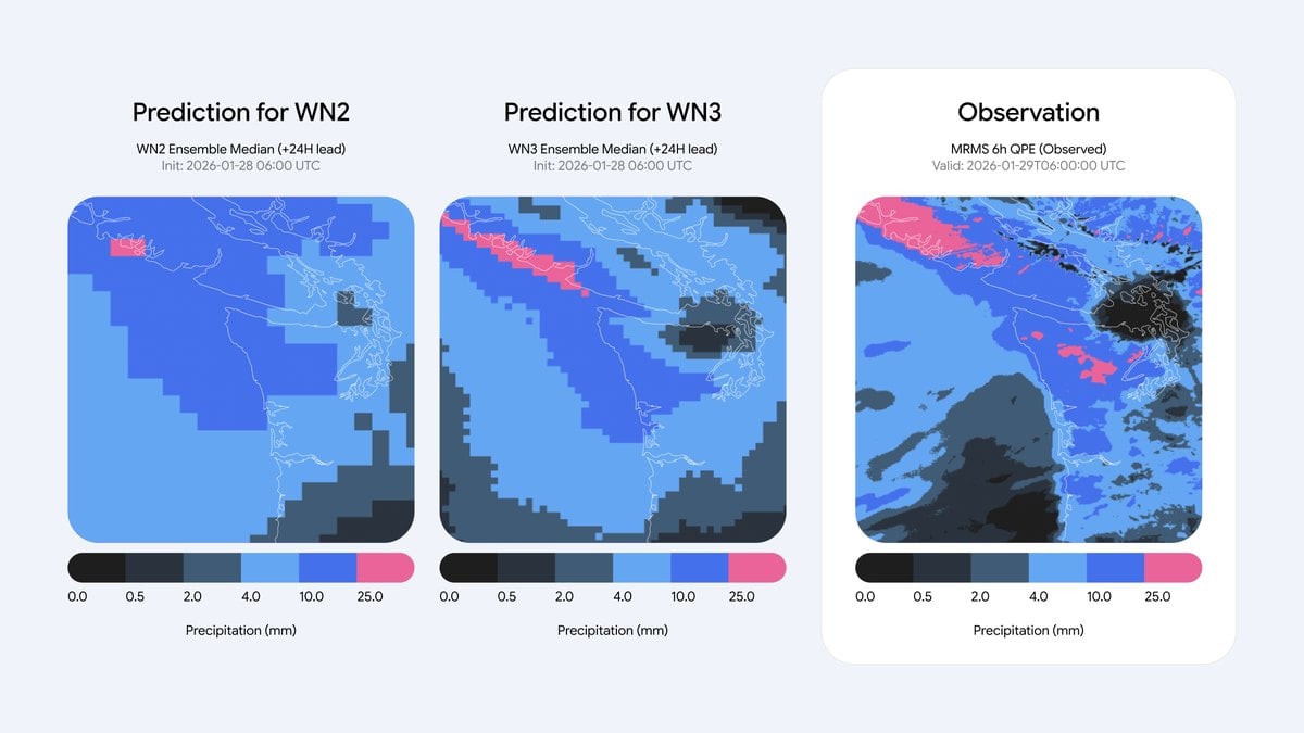 Comparaci&oacute;n de la previsi&oacute;n de lluvia de WeatherNext 2 y WeatherNext 3 con la lluvia observada por radar