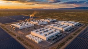 Recreación del Delta Gigasite, el campus de centros de datos de Creekstone Energy en Delta (Utah), con su planta de gas natural y campos solares