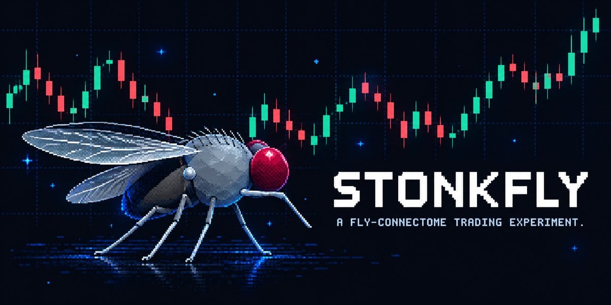 Ilustraci&oacute;n de Stonkfly: una mosca en pixel art junto a un gr&aacute;fico de velas, el cerebro de mosca que opera con bitcoin