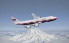 Recreación del nuevo Air Force One, el Boeing 747-8 VC-25B, con la librea roja, blanca, dorada y azul oscuro