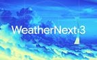 Rótulo de WeatherNext 3, la IA del tiempo de Google, sobre una imagen de nubes en tonos azules y amarillos