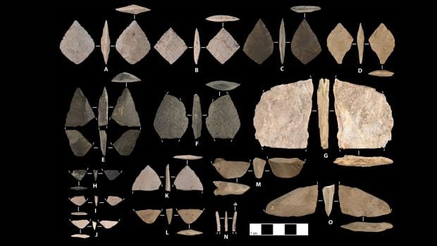 Herramientas de piedra bifaciales halladas en el yacimiento: puntas en forma de rombo, fragmentos y piezas a medio tallar. Foto: revista Science Advances, B. Potter/Universidad de Kansas