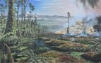 Recreación pictórica de un bosque templado del Cretácico en la Antártida occidental, con helechos, coníferas y un pantano, y un incendio en la vegetación a la derecha. Ilustración: J. McKay - CC BY 4.0