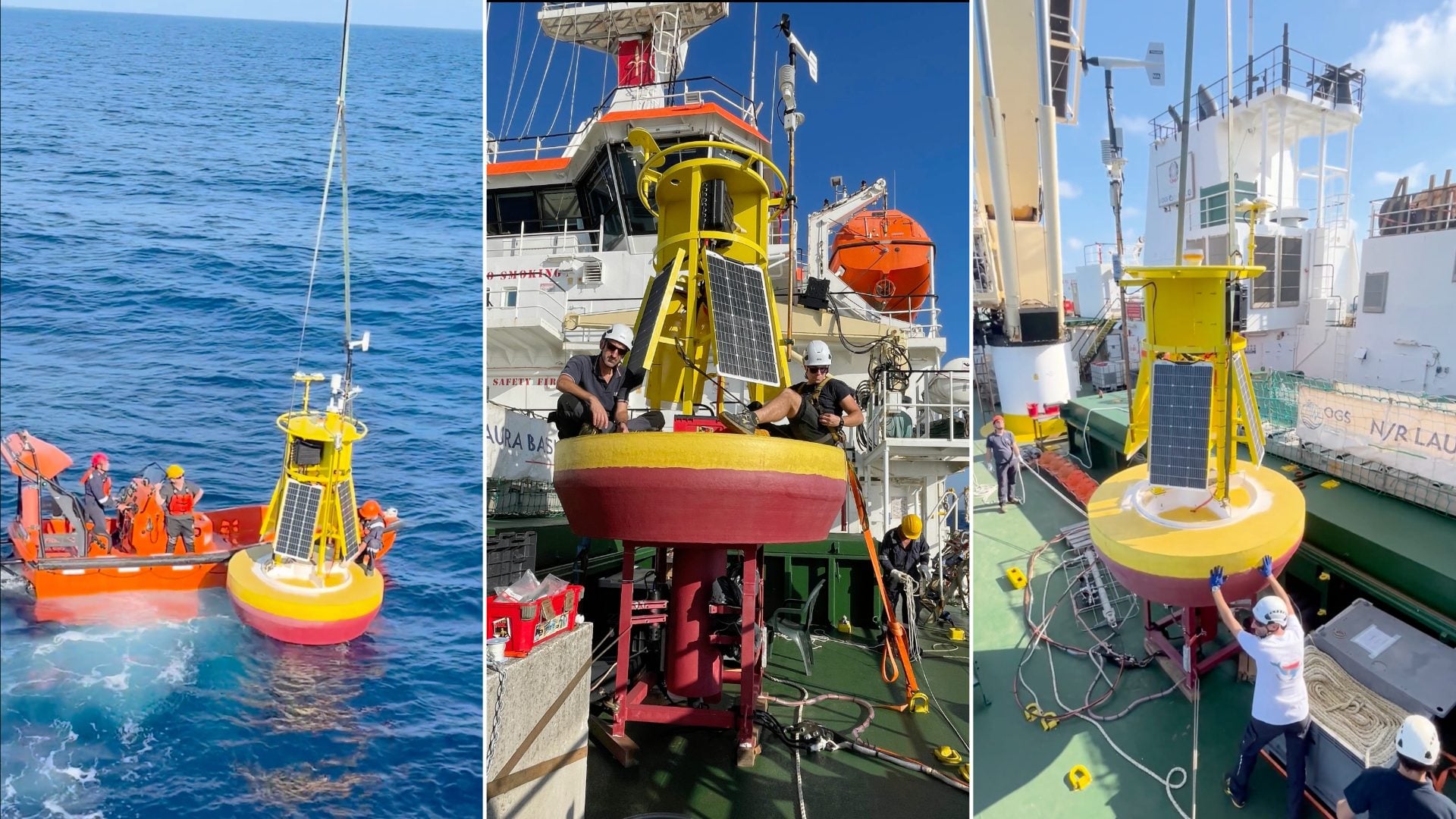 Distintos momentos del despliegue de las boyas en el Mediterráneo. (Imágenes: OGS).