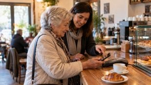 cafetería, Mujer, pago, tarjeta