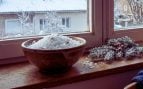 Cuencos de sal al lado de ventana invierno