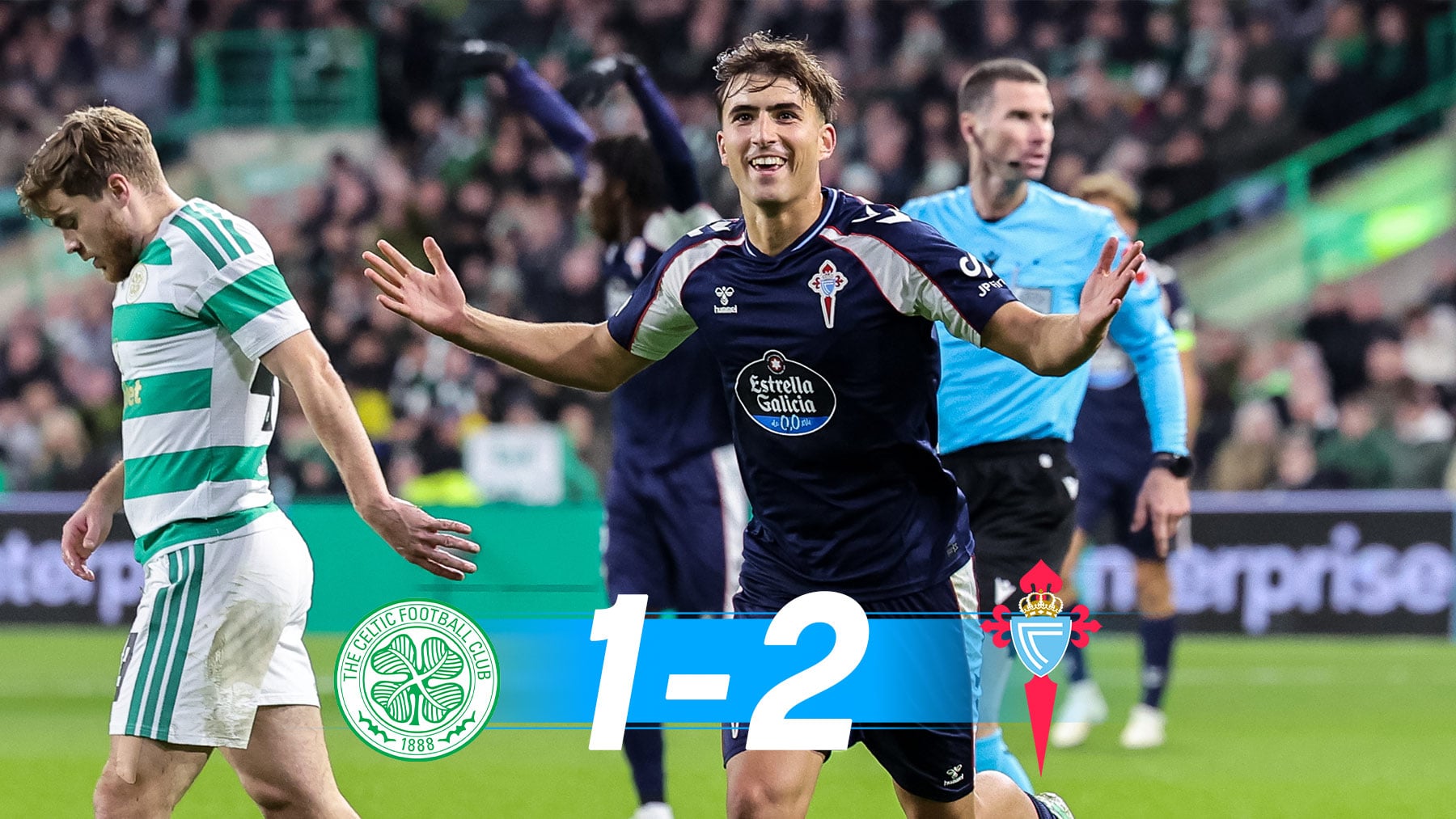 El Celta conquista Glasgow con un doblete de Javi Rodríguez y respira en la Europa League