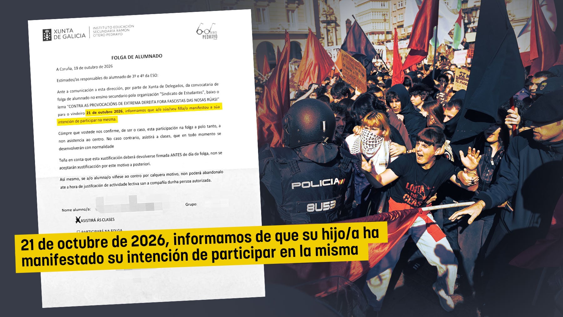 Centros educativos en La Coruña permitieron la ausencia a clase de menores con autorización para asistir a los disturbios de radicales