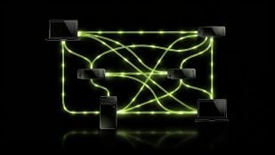 Ilustración oficial de NVIDIA PAIR con portátiles, torres y equipos compactos unidos por conexiones verdes en una red doméstica