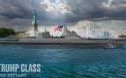 Recreación del acorazado clase Trump USS Defiant navegando frente a la Estatua de la Libertad