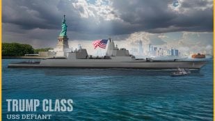 Recreación del acorazado clase Trump USS Defiant navegando frente a la Estatua de la Libertad