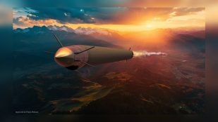 Recreación del interceptor de drones con estatorreactor de L3Harris para el programa XRC del Ejército de EEUU, en vuelo sobre montañas