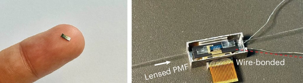 El chip del espectrómetro sobre la yema de un dedo y, a la derecha, el mismo chip encapsulado y conectado con fibra óptica y cables