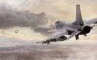 Recreación de un caza F-16 que dispara un cohete con kit APKWS contra drones sobre un paisaje nublado