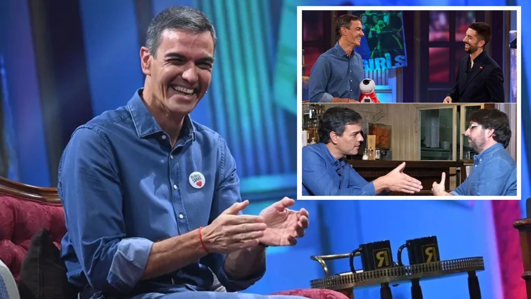 Pedro Sánchez en ‘La Revuelta’ y en una imagen con Jordi Évole hace 10 años. (TVE / laSexta)