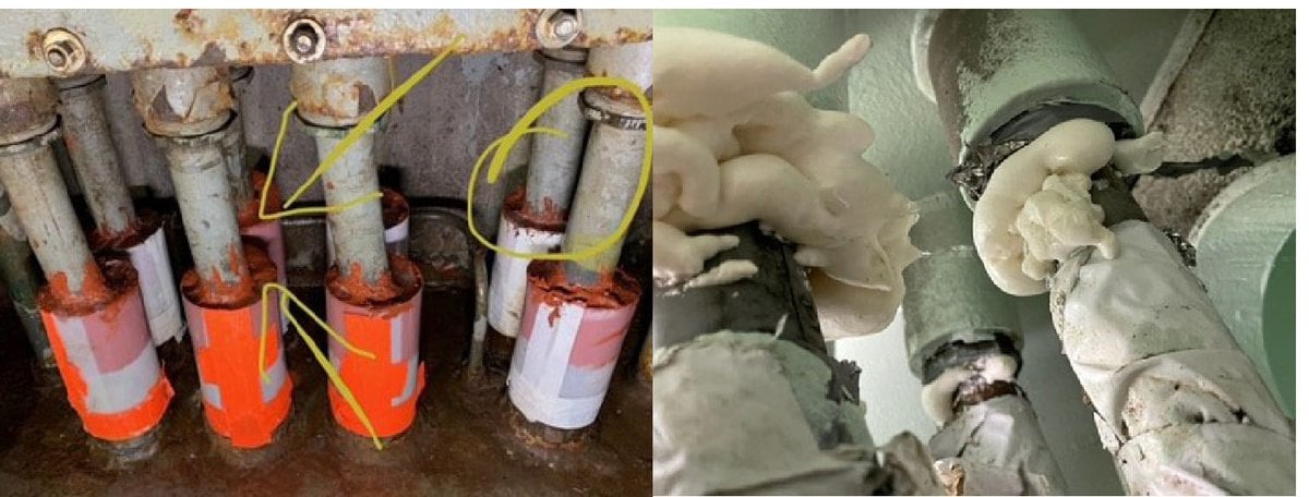 Cables del domo del sonar de un crucero Ticonderoga tapados con cinta, film transparente y espuma expansiva