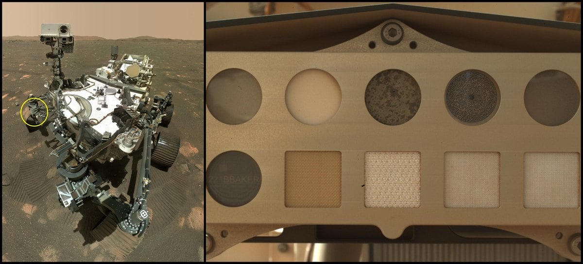 El rover Perseverance con el objetivo de calibración de SHERLOC señalado y, a la derecha, las muestras de material de traje espacial donde se midió el polvo de Marte