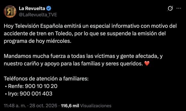 Captura del comunicado del equipo de 'La Revuelta'. (X)