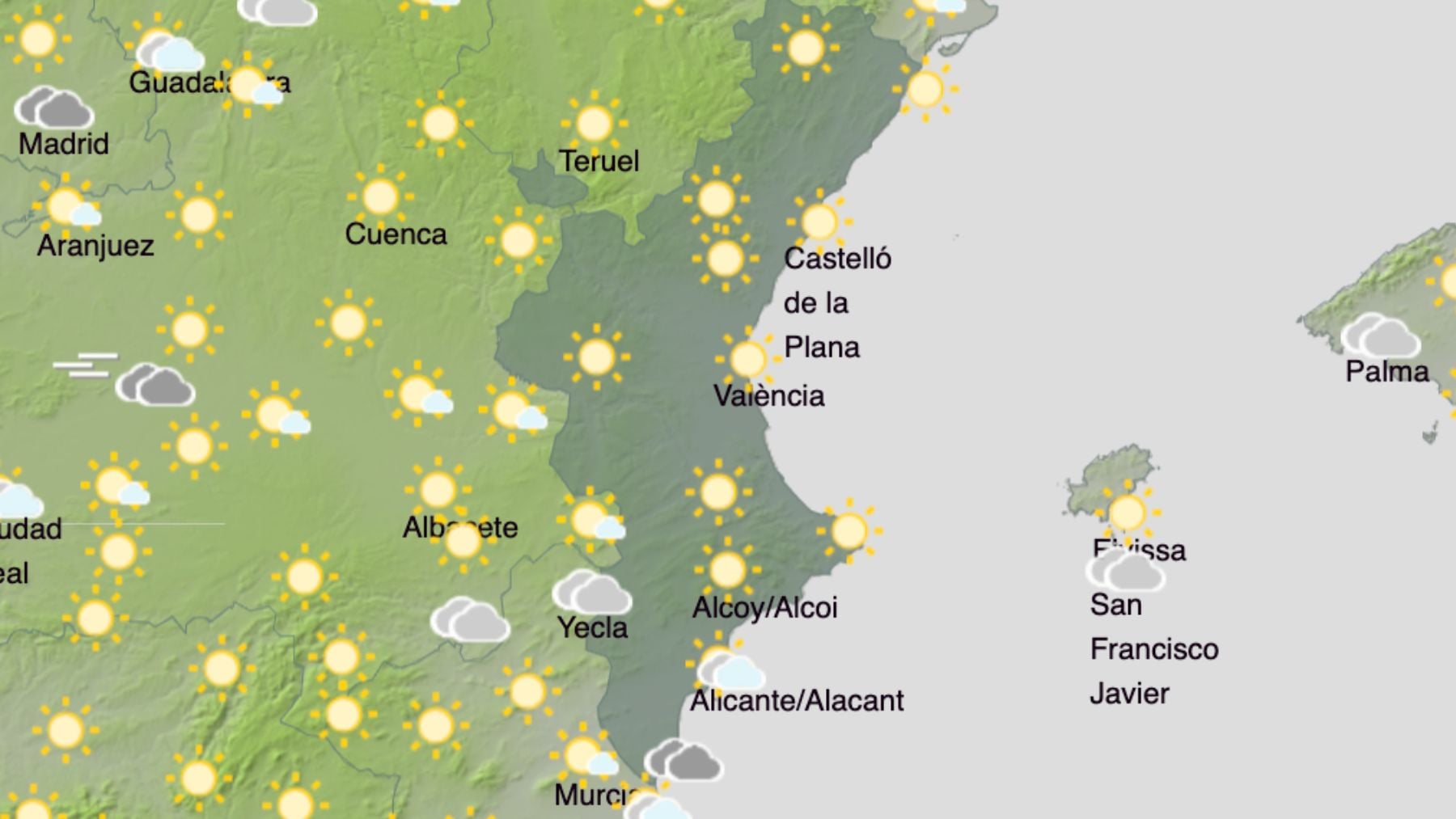 El mapa del tiempo en la Comunidad Valenciana.(Foto: AEMET)