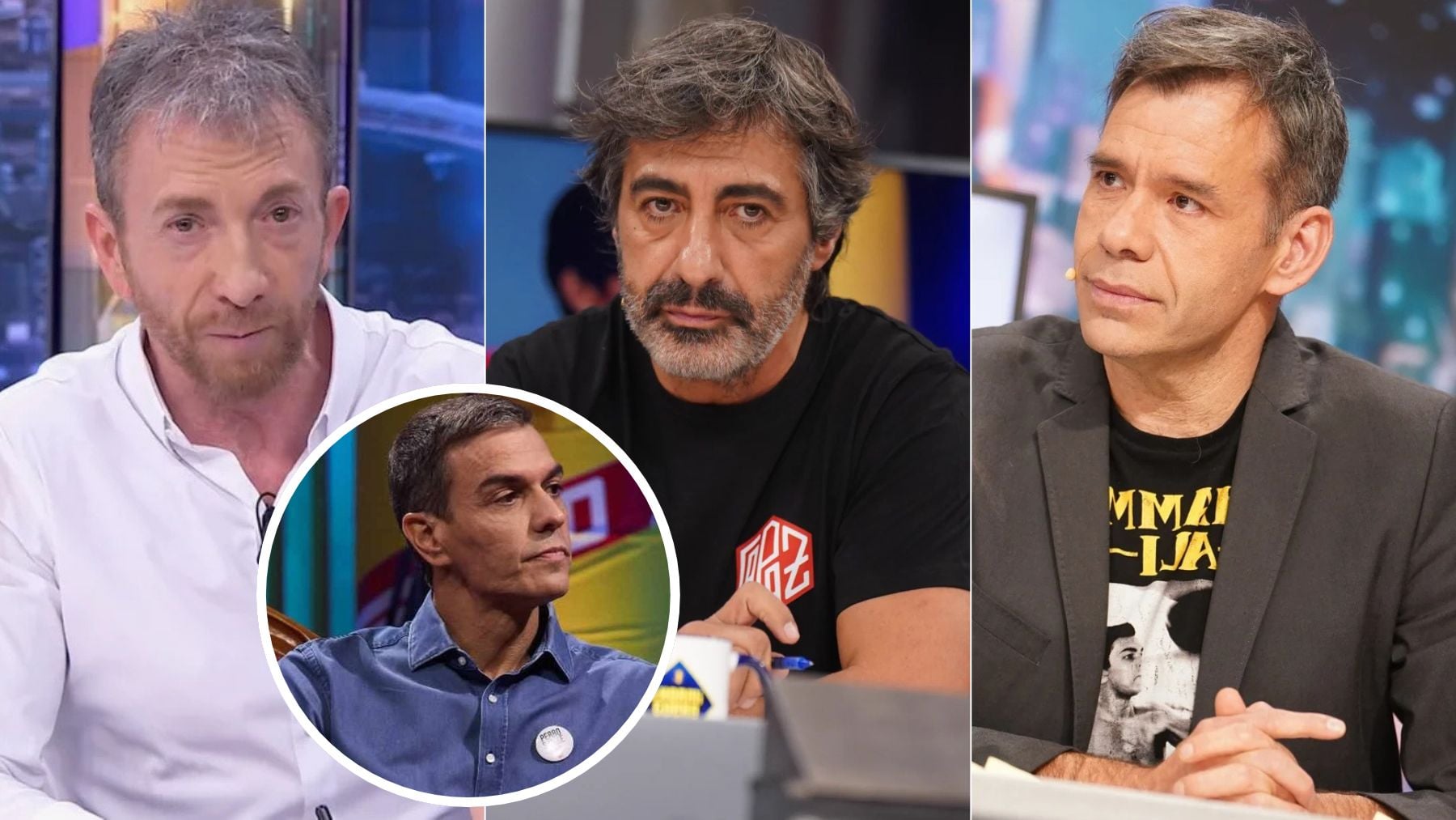 Pablo Motos, Juan del Val y Rubén Amón en ‘El Hormiguero’ y Pedro Sánchez en ‘La Revuelta’. (Antena 3 / TVE)