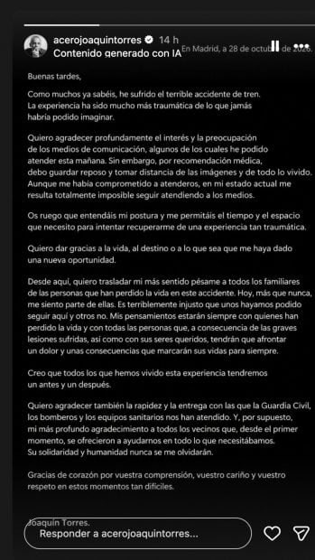 El comunicado de Joaqu&iacute;n Torres. (Foto: Redes Sociales)
