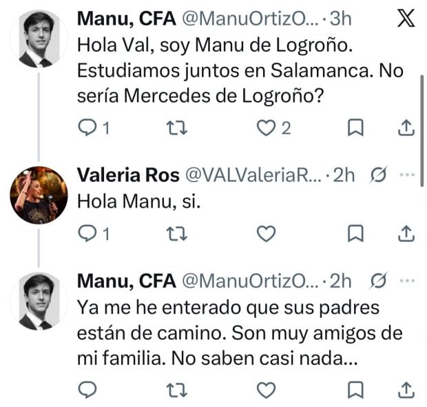 Conversación en la red social 'X' entre Valeria y Manuel (Fuente: X)