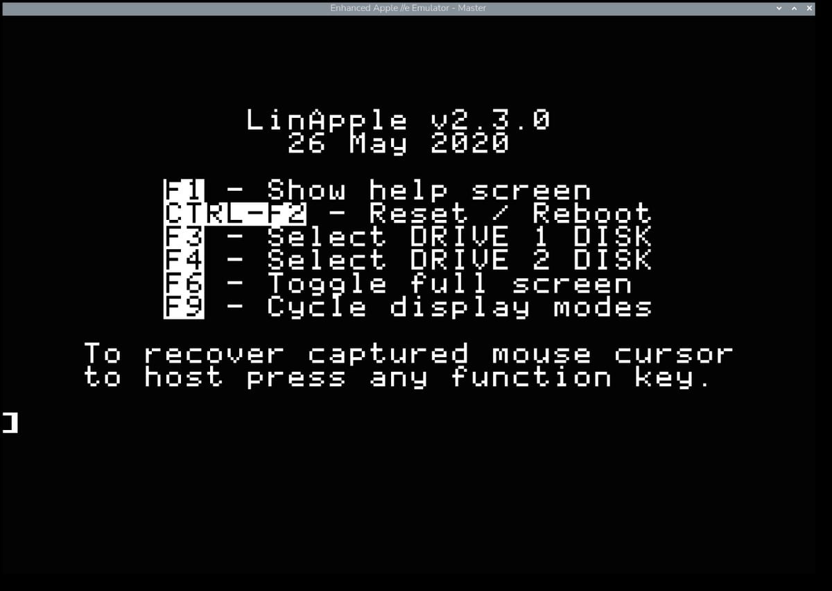 Pantalla de inicio de LinApple 2.3.0 con la ayuda de teclas F1, F3, F4, F6 y F9