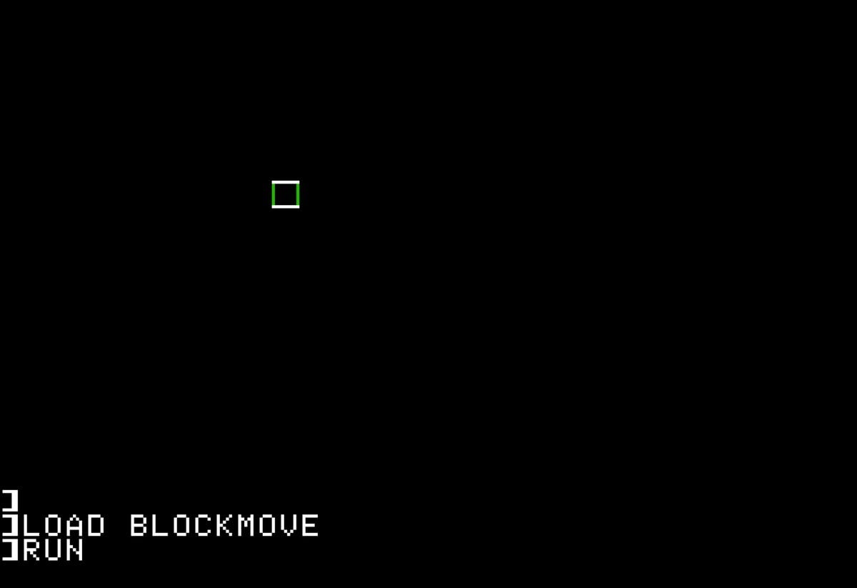 Programa BLOCKMOVE en BASIC: un cuadrado con bordes de colores en el emulador de Apple II