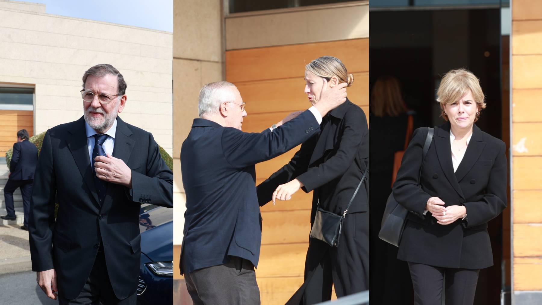 Mariano Rajoy, María Guardiola, Soraya Sáenz de Santamaría en el tanatorio de Fátima Báñez. (Foto: Europa Press)